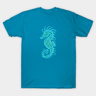 Intricate Teal Blue Tribal Seahorse Design T-Shirt